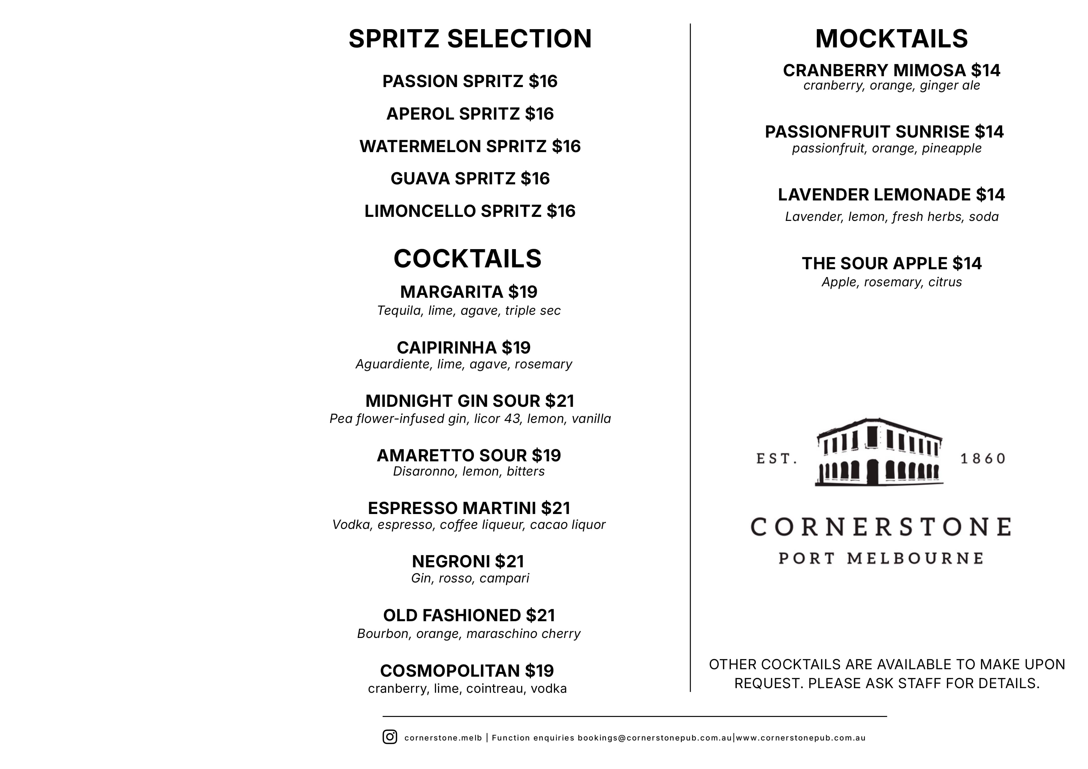 The Cornerstone Pub drinks menu, page 1