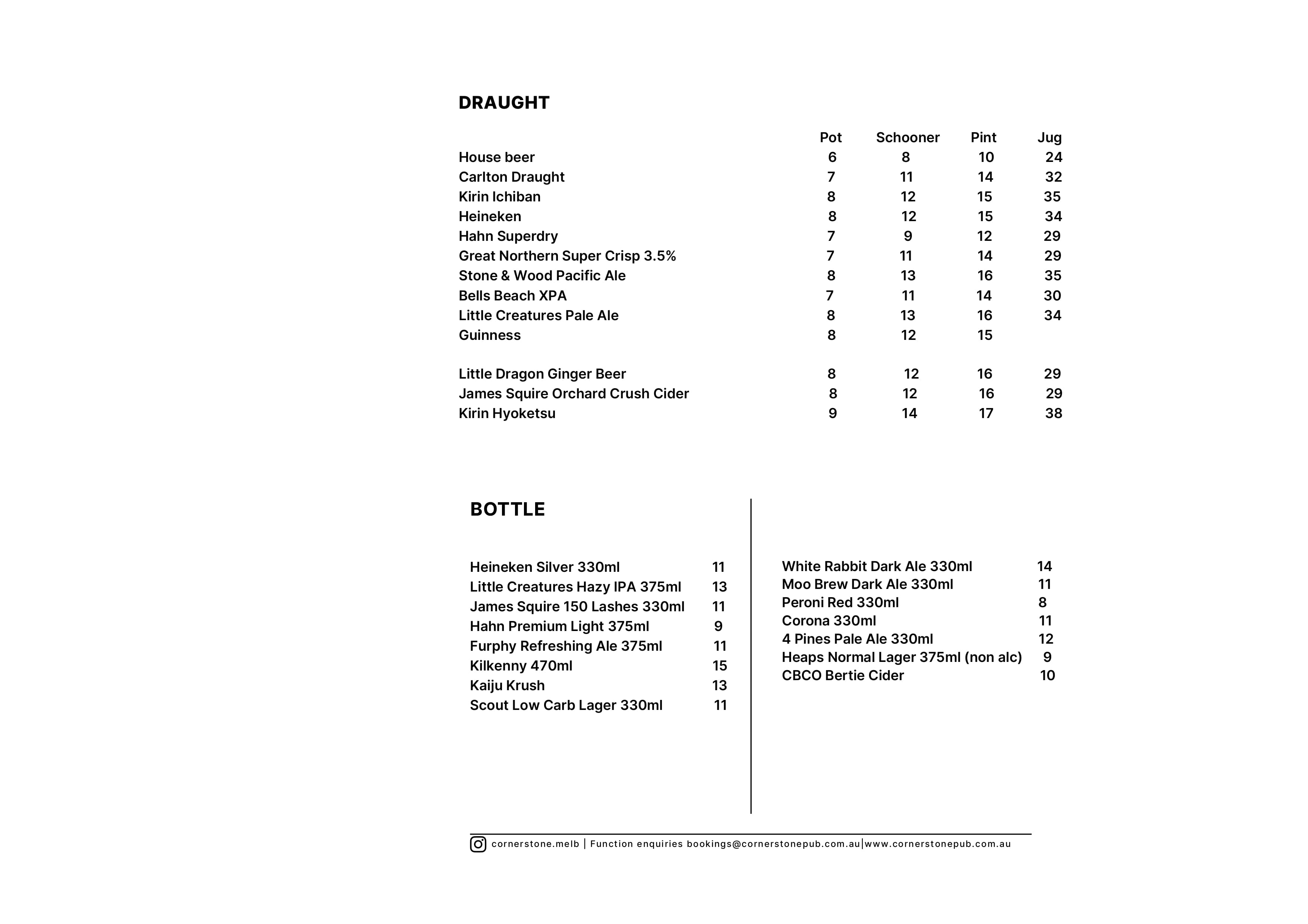 The Cornerstone Pub drinks menu, page 2