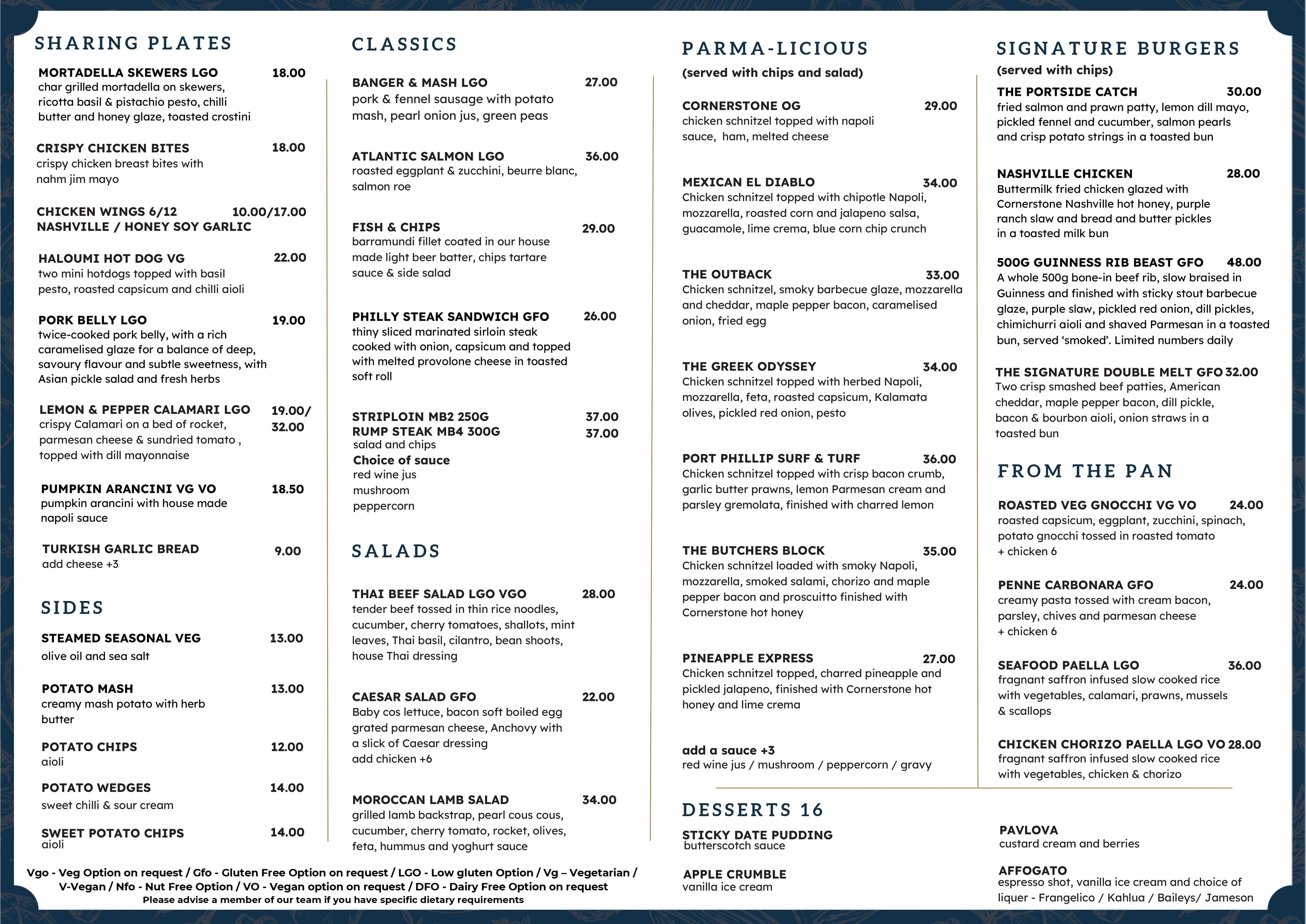The Cornerstone Pub food menu, page 1